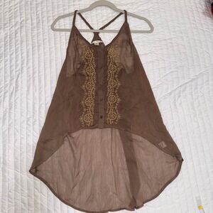Brown Embroidered High Low Racerback Tank Top Sheer Boho Womens M